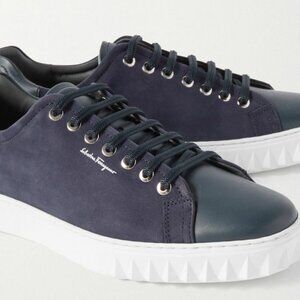 Salvatore Ferragamo Cube Leather and Suede Sneakers Blue Brand New Never Worn